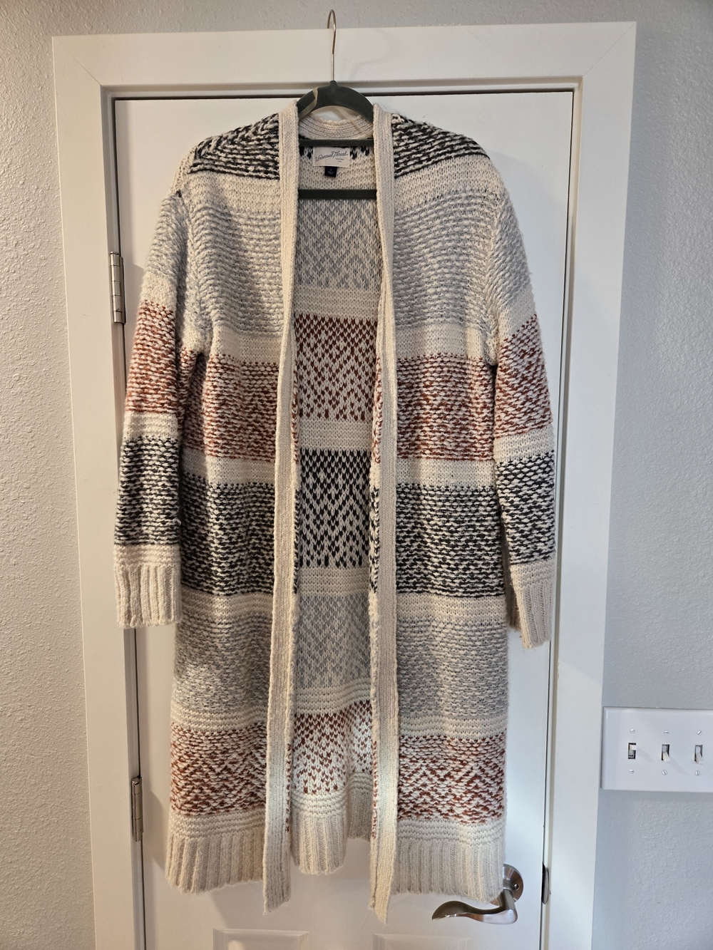 Cozy Striped Open Front Cardigan Sweater - Ivory with Rust & Charcoal